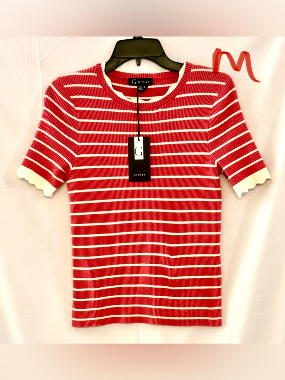 Greige Red & White Striped Rib-Knit Short Sleeve Top